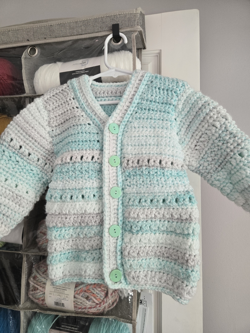 Handmade Mint & Gray Striped Crochet Baby Cardigan